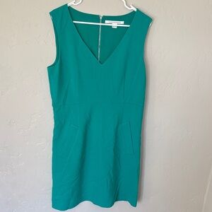 Diane Von Furstenberg Teal V-Neck Sheath Dress, Size 14, Pockets, Gently Worn